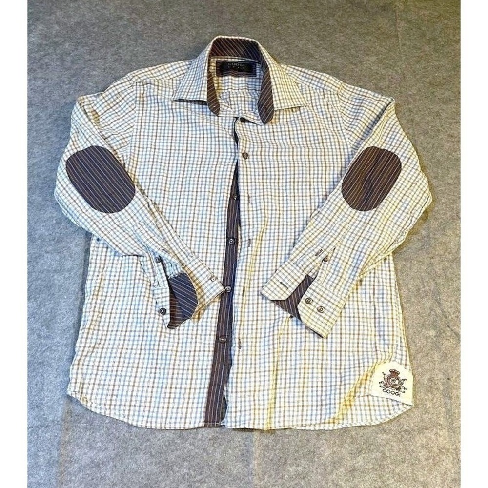 COOGI Luxe Plaid Button Down Shirt Mens Large Long Sleeve Contrast Flip Cuff